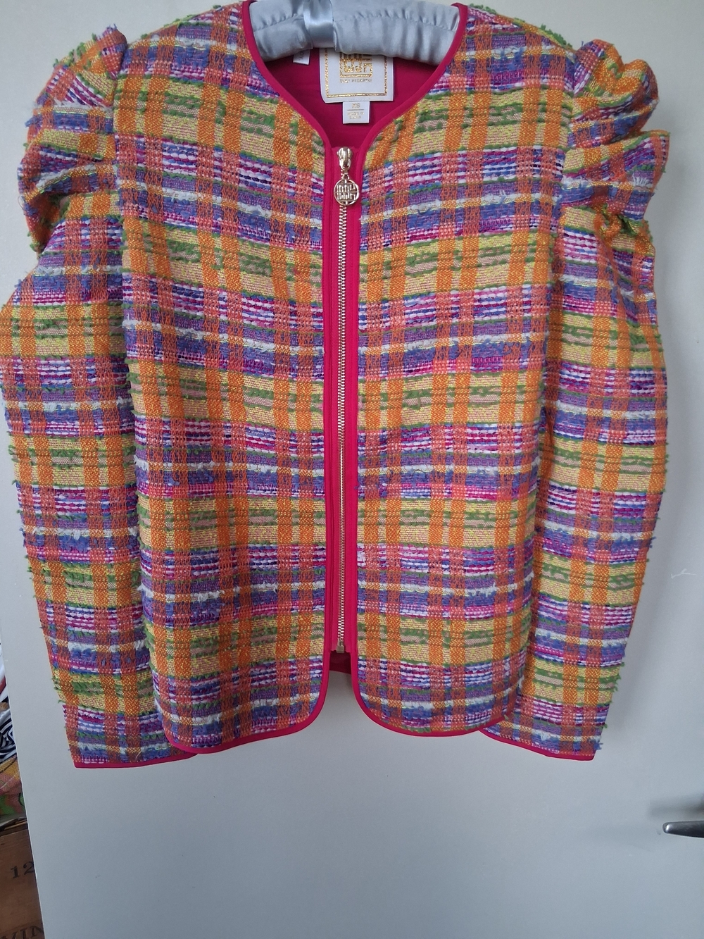 Emily McCarthy Colorful Plaid Tweed Jacket with Pink Trim